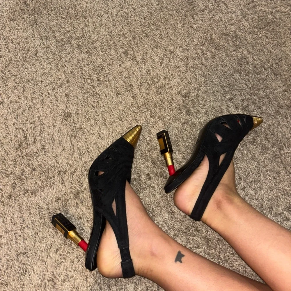 Balmain Black and Gold Cutout Slingback Heels - Picture 2 of 8